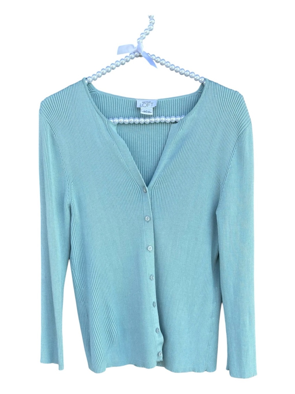 LOFT V-Neck Silk Aqua Ribbed Cardigan - Size Large